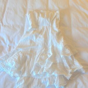 Selfie Leslie White Strapless Dress with Multi Ruffle Hem and Tie Back. Size S.
